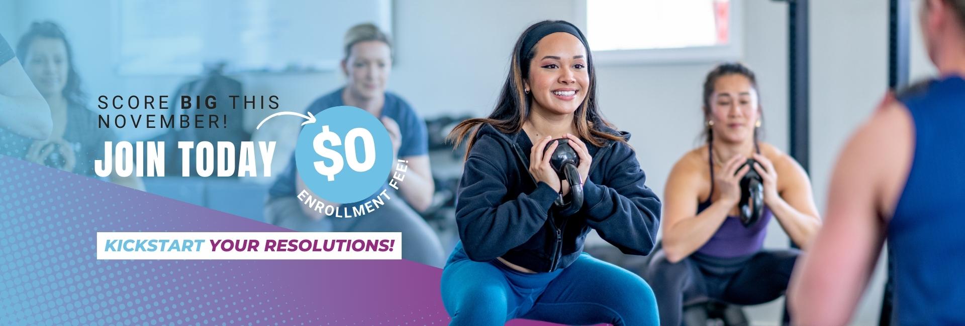 november join offer graphic $0 enrollment fee for global fitness center memberships near me